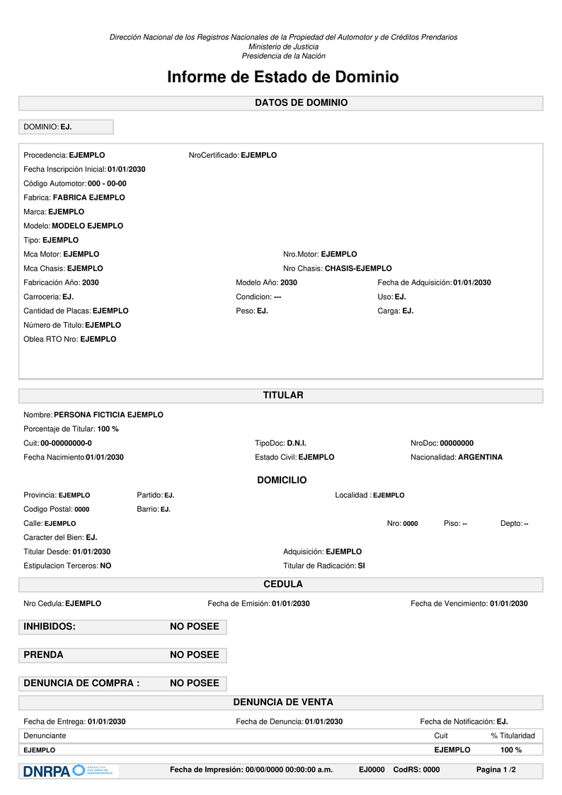 Vista previa de la primera página del ejemplo ficticio de informe de dominio, sin validez registral
